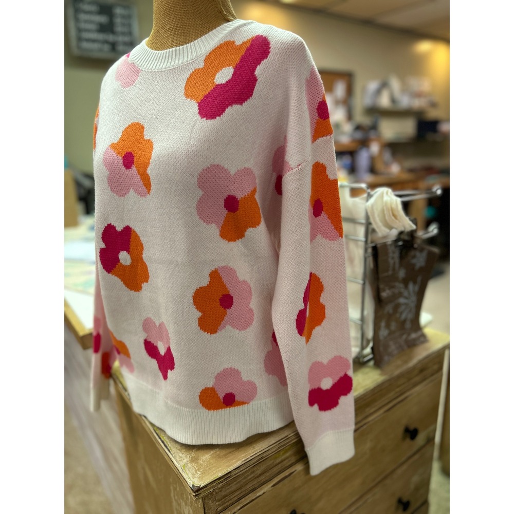 Unbranded Retro Floral Knit Crewneck Sweater Pink Orange White Flower Size S - Picture 3 of 4